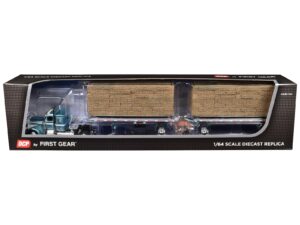Peterbilt 389 36" Flat Top Sleeper with Utility Dual 28.5' Flatbed Trailers with Hay Loads Pacific Blue Metallic with White Stripes 1/64 Diecast Model by DCP/First Gear