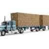 Peterbilt 389 36" Flat Top Sleeper with Utility Dual 28.5' Flatbed Trailers with Hay Loads Pacific Blue Metallic with White Stripes 1/64 Diecast Model by DCP/First Gear