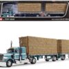 Peterbilt 389 36" Flat Top Sleeper with Utility Dual 28.5' Flatbed Trailers with Hay Loads Pacific Blue Metallic with White Stripes 1/64 Diecast Model by DCP/First Gear