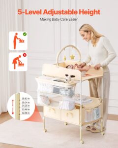 VEVOR Baby Changing Table, Foldable Diaper Change Station with 2 Fabric Drawers, Side Basket & Hanging Rod, Adjustable Height Portable Changing Table with Lockable Wheels & 2 Star Toys, Light Beige