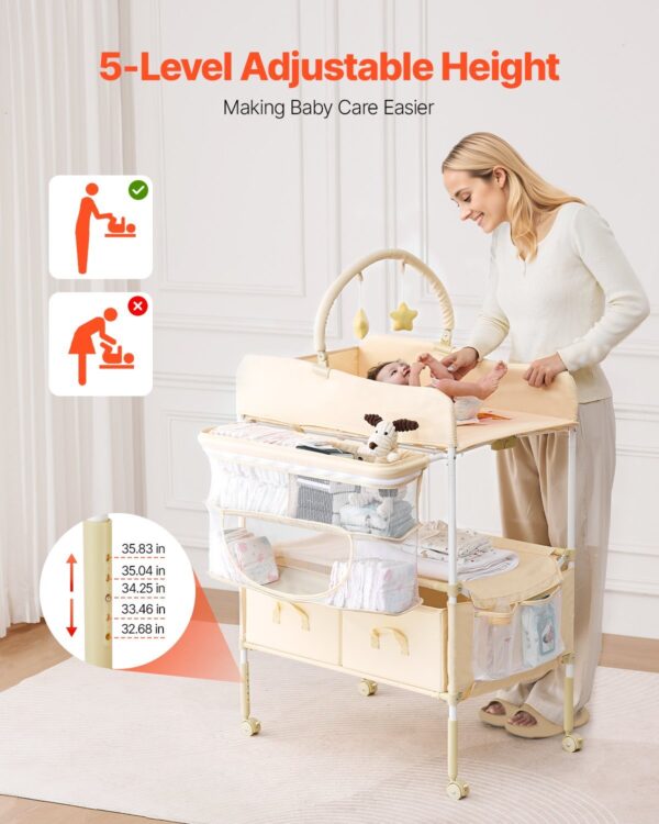 VEVOR Baby Changing Table, Foldable Diaper Change Station with 2 Fabric Drawers, Side Basket & Hanging Rod, Adjustable Height Portable Changing Table with Lockable Wheels & 2 Star Toys, Light Beige