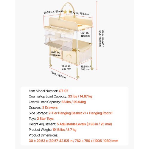 VEVOR Baby Changing Table, Foldable Diaper Change Station with 2 Fabric Drawers, Side Basket & Hanging Rod, Adjustable Height Portable Changing Table with Lockable Wheels & 2 Star Toys, Light Beige